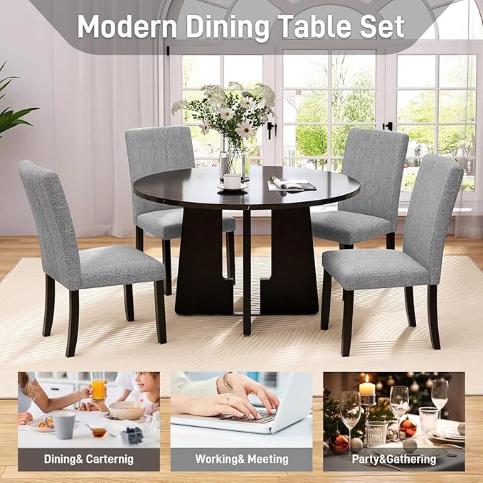 Merax 5-Piece Round Dining Table Set, Modern 4 Upholstered Chairs for Living,Kitchen Room, 43 Inch, Grey+Black