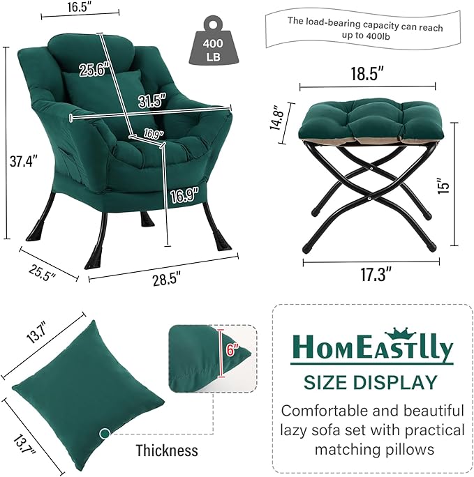 Lazy Chair with Ottoman, Modern Lounge Armchair with a Pillow, Leisure Sofa Armchair Set, Reading Chair with Footrest for Living Room, Bedroom, Office, Dorm Room, Peach Green