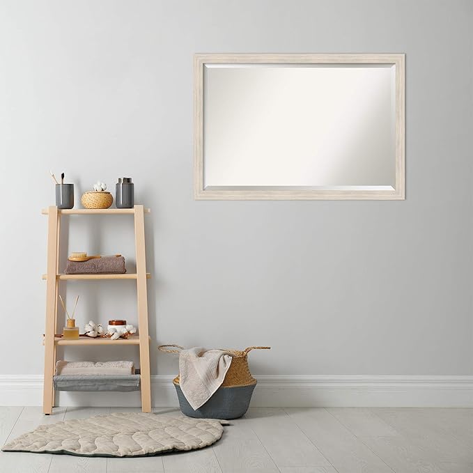 Amanti Art White Bathroom Mirror for Over Sink, 27x39 Hardwood White Wash Narrow Rectangle Vanity Mirror, Large Rustic Farmhouse Wood Frame, Hangs Horizonally and Vertically, Bathroom Wall Decor