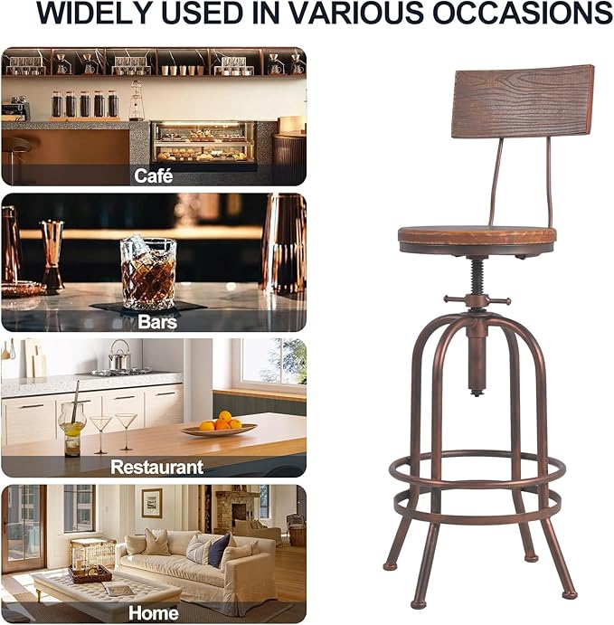 Set of 2-Industrial Bar Stools-Swivel Wooden Seat-Bar Counter Height Adjustable 26-32.2inch-Kitchen Dining Chairs