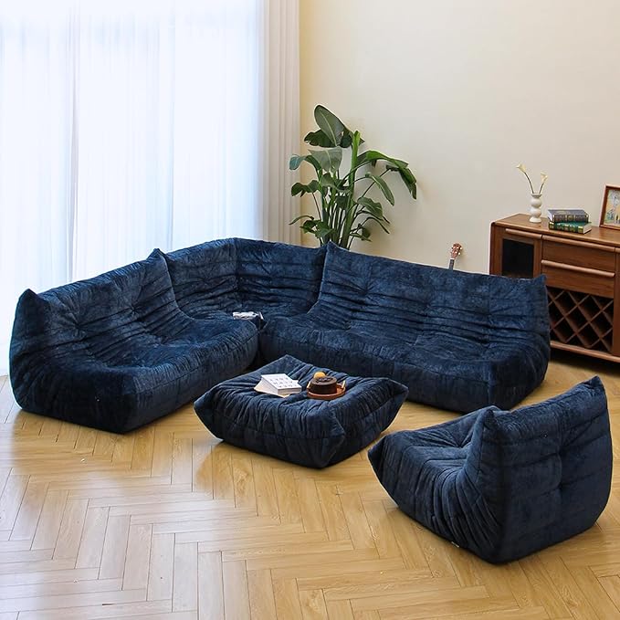N&V Soft Premium Chenille Floor Lounge Chair, Mid Century Armless Floor Sofa, Foam Sofa Accent Chair for Living Room Bedroom and Office (Blue, Corner Chair)
