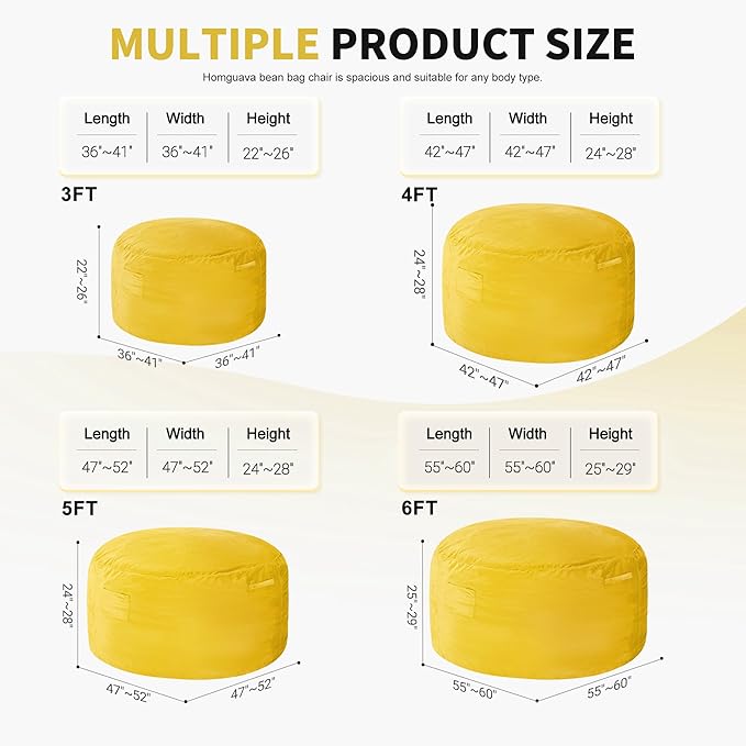 Homguava 4 FT Bean Bag Chair: 4' Bean Bags with Memory Foam Filled, Large Beanbag Chairs Soft Sofa with Dutch Velvet Cover-Mustard