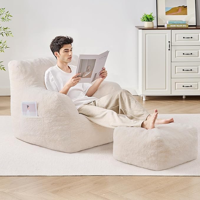Giant Bean Bag Chairs for Adults with Ottoman, Faux Fur Boneless Chaise Couch Filler with Memory Foam,Large BeanBag Lounge Lazy Floor Sofa Accent Chair for Living Room,Bedroom & Game Rooms