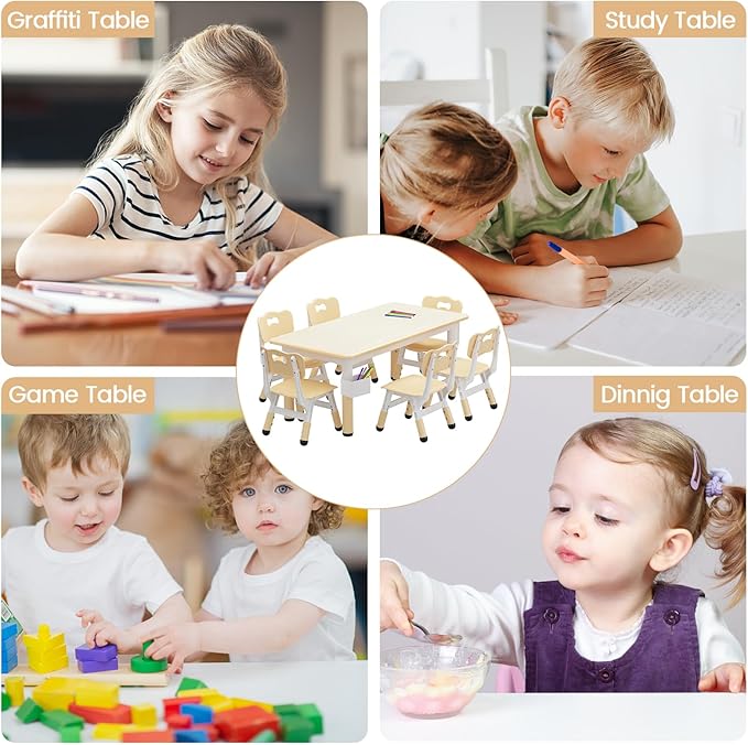 GarveeHome Kids Table and 6 Chairs Set, Height Adjustable Toddler Table and Chair Set, Graffiti Desktop, Children Study Play Dinner Table for Home Daycare Preschool for Ages 2-8, Beige