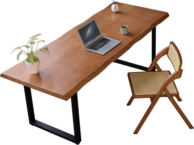 Stylish Solid Wood Office Desk with Sturdy Metal Base - Durable Executive Computer Desk or Dining Table in Multiple Sizes - Perfect for Home Office and Work Environments(Tan78.74in)