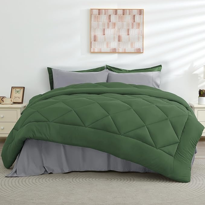 HEVUMYI Cali-King Comforter Set - 7-Piece All Season Bed in a Bag Cali-King, Ultra Soft Bedding Set with Comforter, Flat Sheet, Fitted Sheet, Pillowcases, Pillow Shams, Green & Light Grey