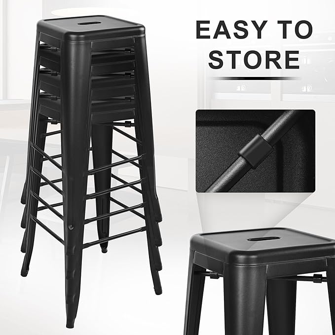 30 Inches Metal Bar Stools, High Backless Stools, Indoor Outdoor Stackable Kitchen Stools, Set of 4, Black