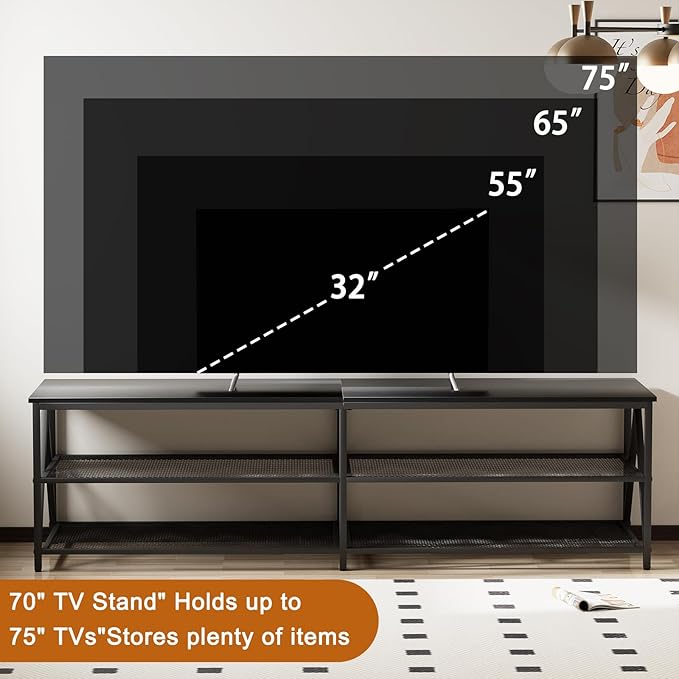 TV Stand for TVs up to 75 Inch, 70" Long Industrial TV Console Table with 3-Tier Storage Shelves, Entertainment Center for Living Room, Bedroom (Black)