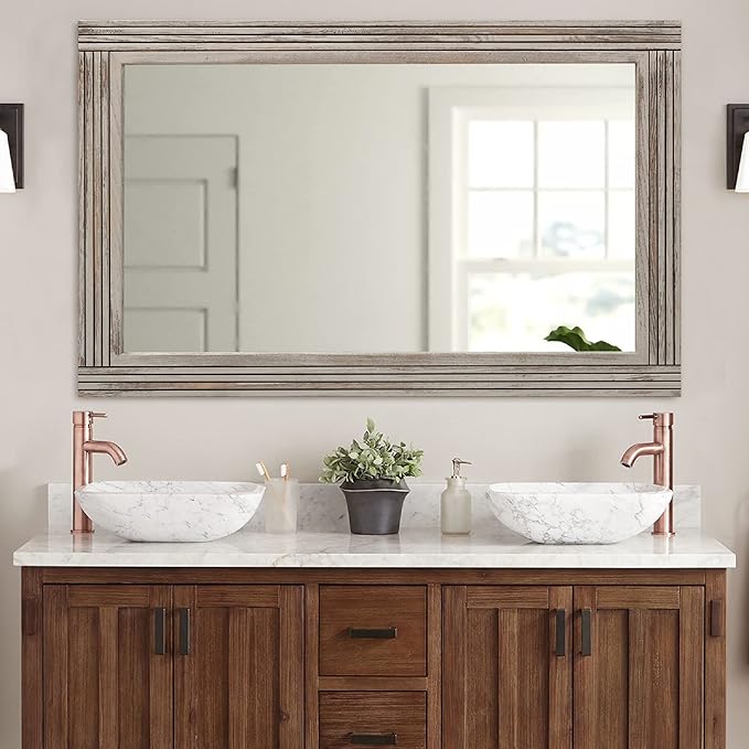 YOSHOOT Hand-Made Wooden Spliced Wall Mirror for Bathroom, Rustic Farmhouse Vanity Mirror, Décor Wall Art, Solid Wood Frame, Vertical or Horizontal Hanging, 60" x 30", Grey