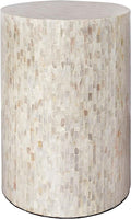 PEMAR Mother of Pearl Cylinder Drum End Table Nacre Side Stool Round Accent Table Coffee Bedside Nightstand and Vanity Stool (Pearl White & Cream)