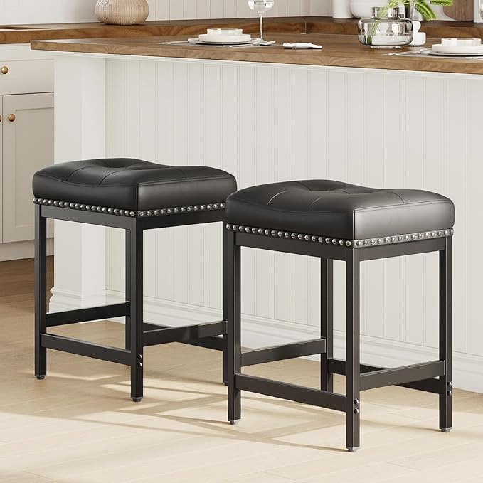 MALOL Set of 4 Saddle Bar Stools Counter Height 24.4”, Backless Barstools for Kitchen Island, Modern PU Leather Cushioned Seat, Bar Chairs for Kitchen Counter, Breakfast Bar Stools for Home,Black