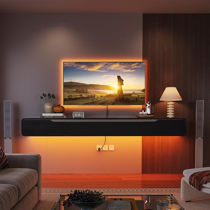 Fully-Assembled Floating TV Stand with Drawers, 70IN High Gloss Wall Mounted Entertainment Center, Modern Media Console with Storage, Under TV Shelf for Bedroom Living Room Black