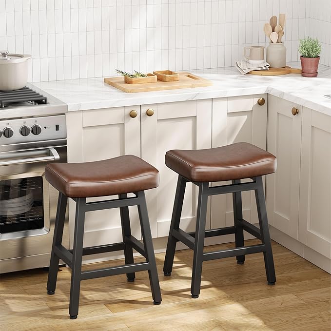 Counter Height Bar Stools Set of 3, 24 Inch Barstools for Kitchen Counter, Kitchen Stools with Bonded Leather Saddle Seats & Heavy Duty Metal Legs, Easy Assembly, All Black
