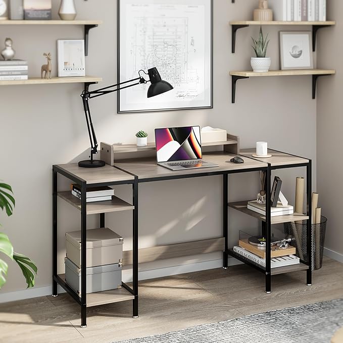 Computer Gaming Desk with Monitor Stand, Home Office Desk Suitable for 2 Monitors, Writing Desk with Adjustable Storage Space,Sturdy and Durable Modern Small Desk (Grey, 55 inchs)