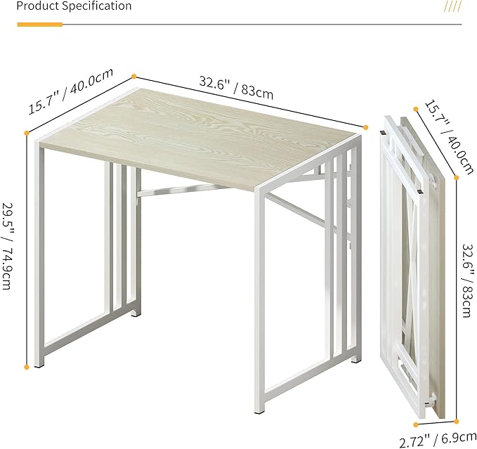 32 inch Small Folding Desk, Writing Gaming Computer Camping Desk for Small Spaces, No Assembly Required Home Office Desk, Natural and White