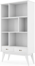 SIMPLIHOME Draper Bookcase - 64 inch Tall Solid Hardwood Wide Storage Bookshelf in White, Mid-Century Modern Storage for Living Room, Study Room or Office with Adjustable Shelves and Tapered Legs