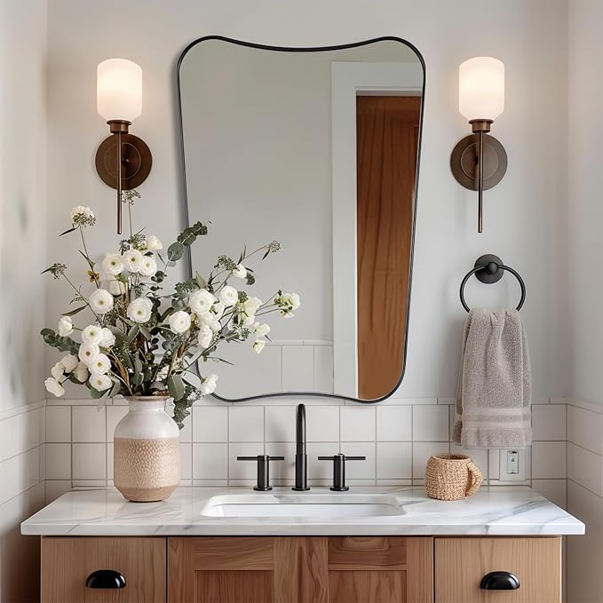 ANDY STAR Matte Black Bathroom Vanity Mirror, 22x30 Inch Irregular Mirror for Wall, Asymmetrical Mirror for Bathroom, Unique Shape Decorative for Powder Room, Entryway