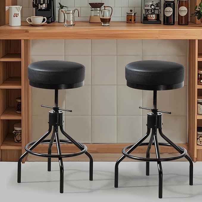 Industrial Bar Stools Set of 3 Adjustable Barstools Swivel Modern PU Leather 28inch Round Backless Kitchen Counter Height Metal Stool Bar Chair for Kitchen Island (3, Black)