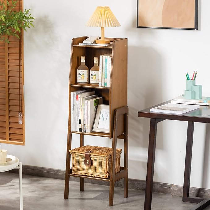 3-Tier Bamboo Bookshelf - Wood Bookcase Organizer with Open Shelves for Living Room & Home Office-Walnut Medium
