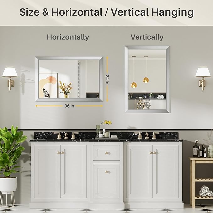 24x36 Inch Silver Bathroom Mirror for Wall, Thick Metal Framed Rectangle Mirrors for Over Sink, Bedroom, Living Room, Entryway, Anti-Rust, HD Tempered Glass