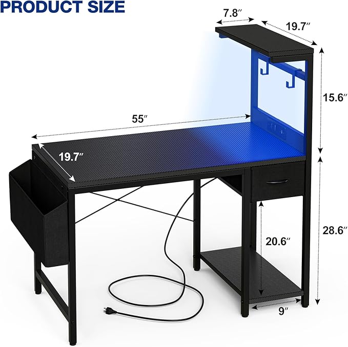 Gaming Desk 55 Inch with Power Outlet and LED Light, Computer Desk with Reversible Shelves and Storage Drawer, Pc Small Table for Home Office Table with Bag, Carbon Fiber Black