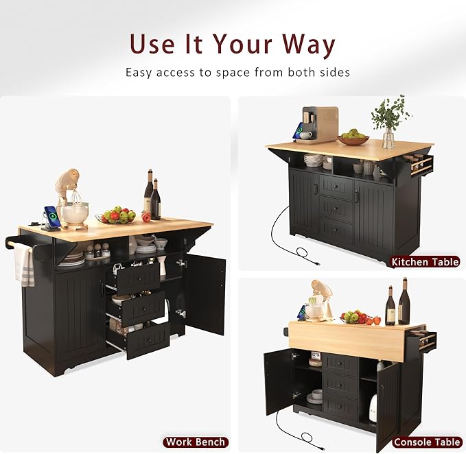 56" Large Kitchen Island with 2 Drop Leafs,Rolling Kitchen Cart on 5 Wheels W/Power Outlet & 3 Drawers,Folding Storage Dining Table W/Spice & Towel Racks,for Kitchen,Dining Room,Black