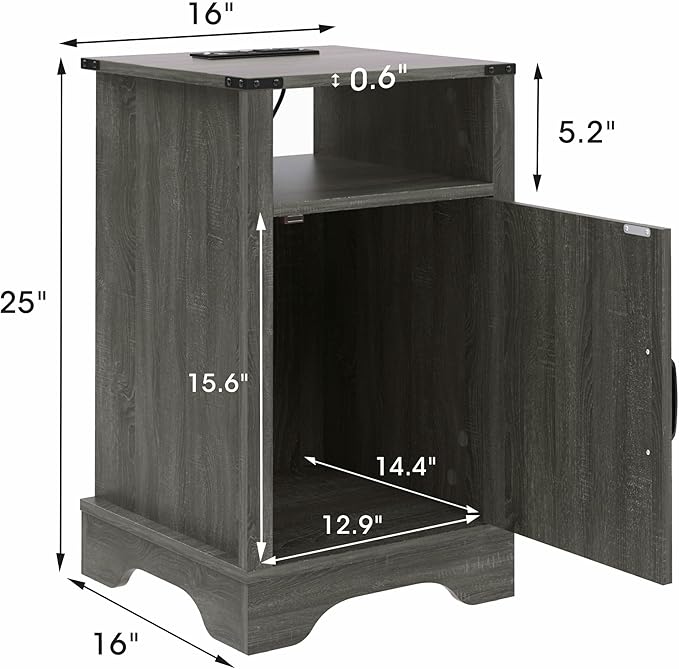 RoyalCraft Nightstand Set of 2, Grey End Table with Charging Station, Tall Farmhouse Bedside Table with Large Storage and Shelf, Wooden Side Table with for Bedroom, Home Office, Dark Grey
