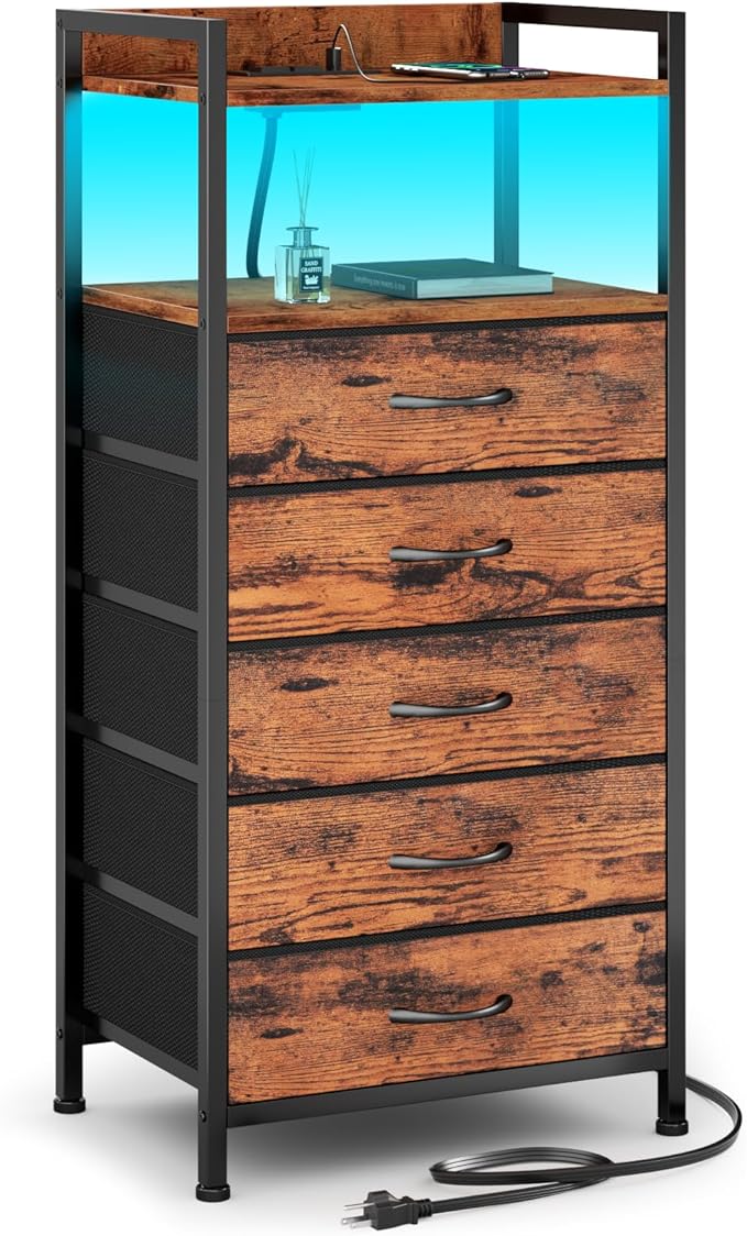 Furnulem 5 Drawer Dresser for Bedroom, Tall Nightstand with Led Light and Charging Station, Small Night Stand Bedside Table, Fabric Bins, Metal Frame, Wood Shelf, Side Furniture(Rustic Brown)