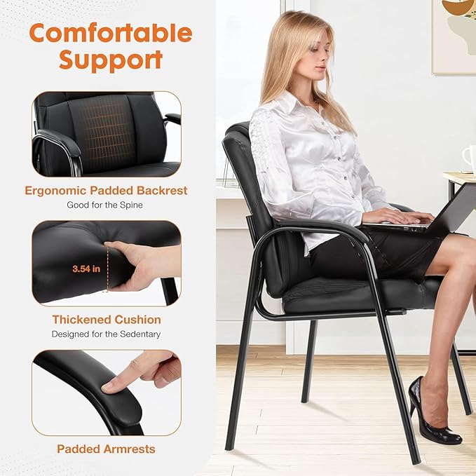 Sweetcrispy Waiting Room Office Guest Chairs Set of 2, PU Leather Big and Tall No Wheels Executive Office Chair with Padded Arms for Reception Conference Room Lobby