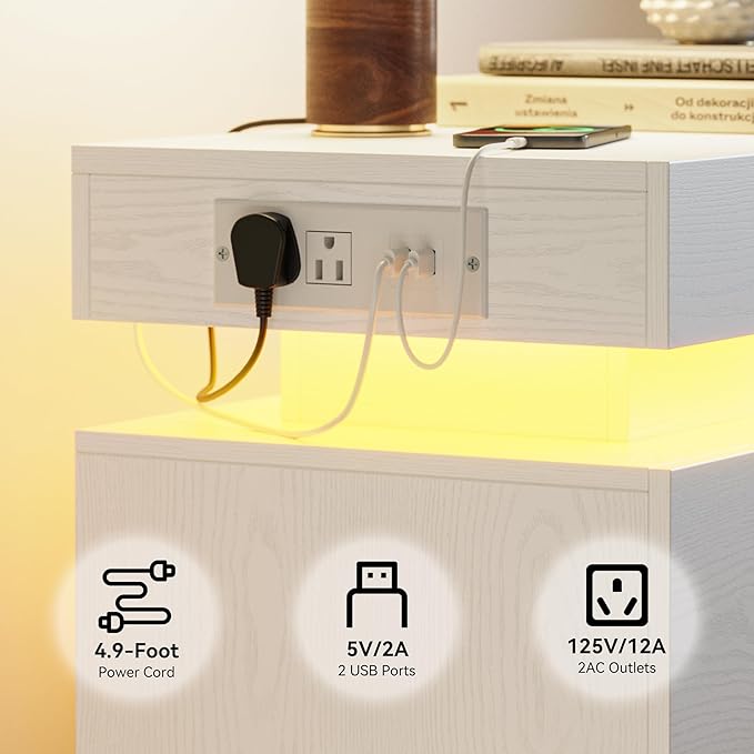 LIKIMIO Night Stand Set of 2, Modern White Nightstand with with Charging Station, Bedside Tables with LED Light and Drawers, End Table for Bedroom