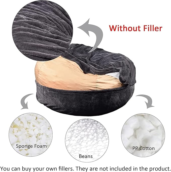Giant Fur Bean Bag Chair Cover for Kids Adults, (No Filler) Living Room Furniture Big Round Soft Fluffy Faux Fur Beanbag Lazy Sofa Bed Cover (Snow Black, 7FT)