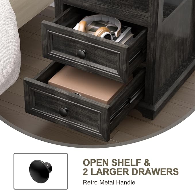 End Table with Fast Charging Station Set of 2, 18" Wide Sofa Side Table with Drawers, Large Storage Rustic Wood Square Storage Cabinet for Living Room