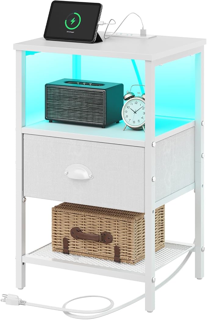Sthmec Nightstands with Charging Station, LED Bedside Tables with Charging Station and Fabric Drawer, Night Stand with Storage, 3 Tier Side Table with Open Shelf, LED Nightstand Bedside Table,White