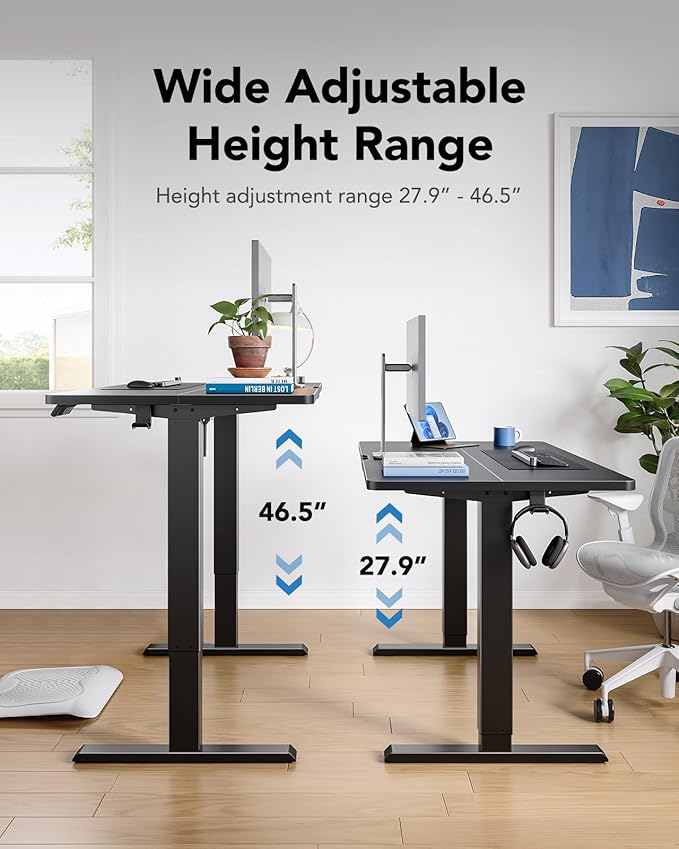 HUANUO 63" x 28" Electric Standing Desk Adjustable Height, 4 Memory Height Settings, Headphone Hook, Cable Manager, Sit Stand Up Desk for Home Office & Computer Workstation, Black