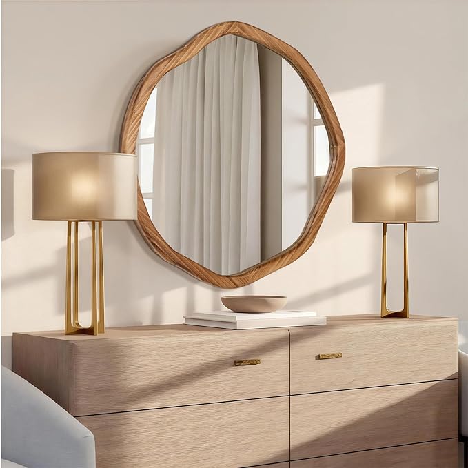 ULIKE Round Wood Mirror, 30 Inch Asymmetrical Circle Vanity Mirror with Wood Frame, Rustic Decorative Wall Mount for Bathroom Bedroom Living Room Entryway