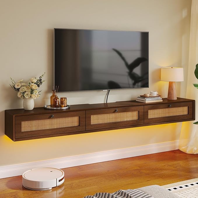 Fully-Assembled Floating TV Stand with 3 Rattan Doors, Rustic Floating Entertainment Center Under TV Shelf, Modern Large Storage Wall Mounted Media Console for Living Room Bedroom 55IN