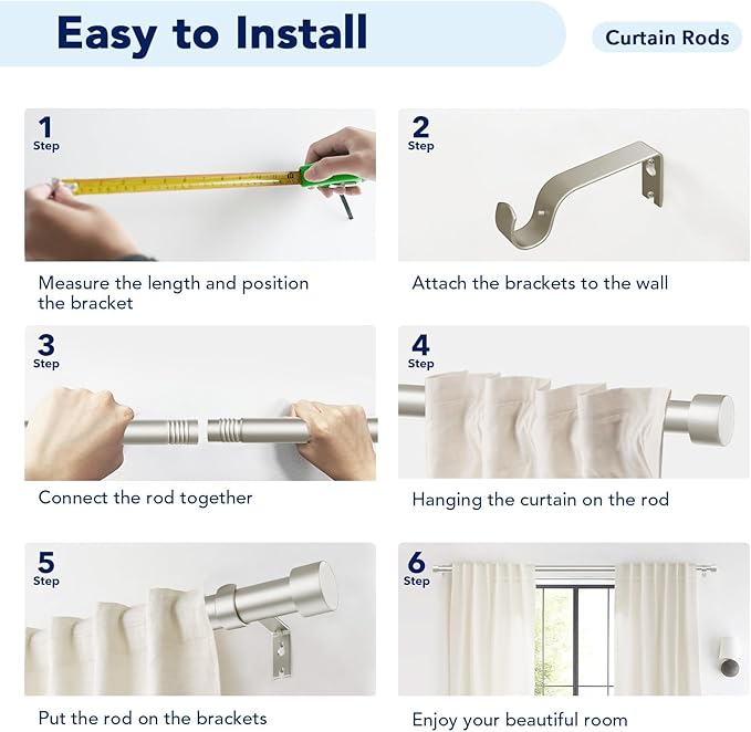 2 Pack Curtain Rods for Windows 72 to 144 Inch, 1 Inch Brushed Nickel Adjustable Heavy Duty Outdoor Curtain Rod for Patio Bedroom, Drapery Rods Set with End Cap, Size 32"- 150"