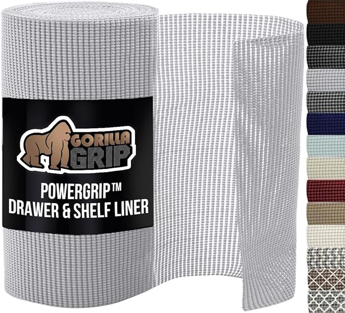 GORILLA GRIP powerGRIP Drawer Shelf and Cabinet Liner, Thick Strong Hold, Non-Adhesive Liners Protect Kitchen Cabinets and Cupboard, Bathroom Drawers, Easy Install, Breathable Mat, 20" x30' Light Gray