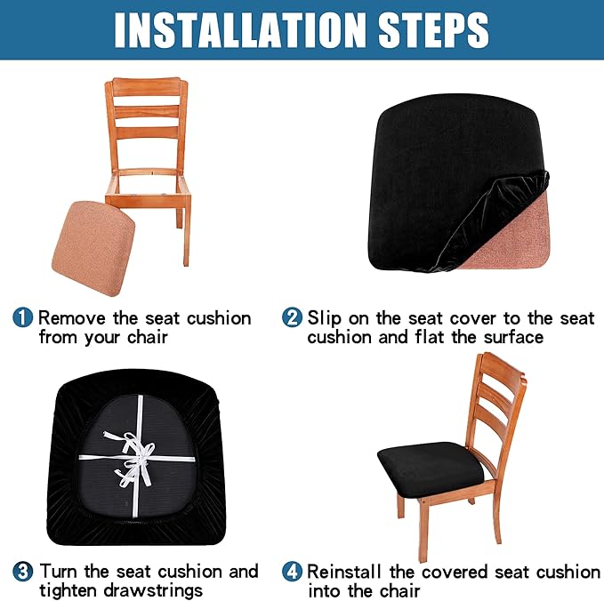 Smiry Velvet Seat Covers for Dining Room Chair Set of 6, Stretch Fit Removable Washable Chair Seat Cushion Protector Slipcovers with Ties, Cream