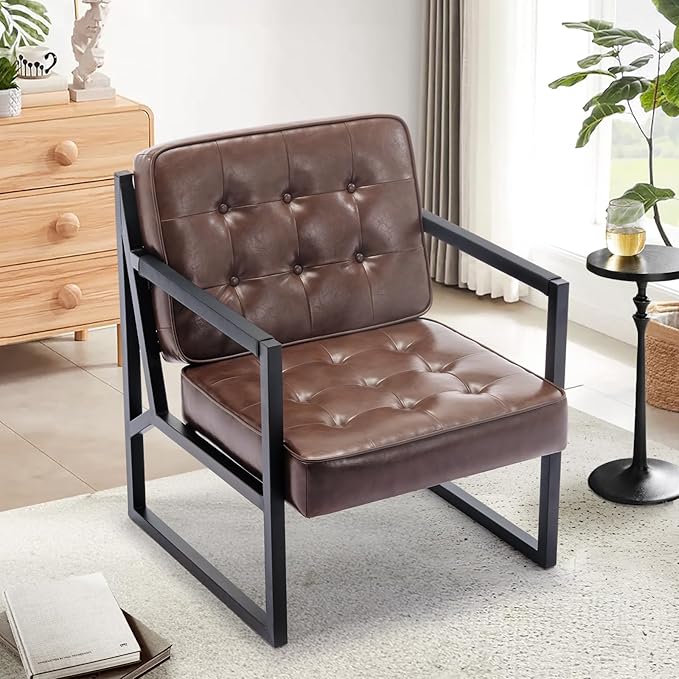 COLAMY Mid Century Modern Accent Chair Set of 2, Comfy Living Room Chair, Brown Leather Accent Chair, Faux Leather Reception Armchair with Metal Legs for Living Room Bedroom Reception Office, Brown