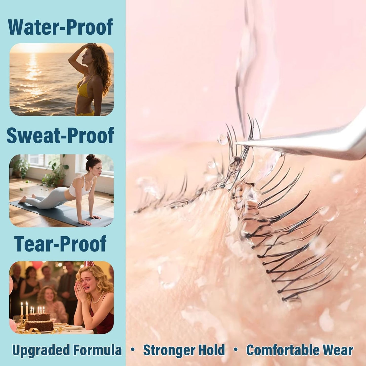 Lash Glue Kit (2 Black Glue 1 Remover) 150Hours Waterproof Bond & Seal Adhesive for Cluster Strip & Individual Lashes, Hypoallergenic Gentle Formula for Sensitive Eyes, Easy to Remove