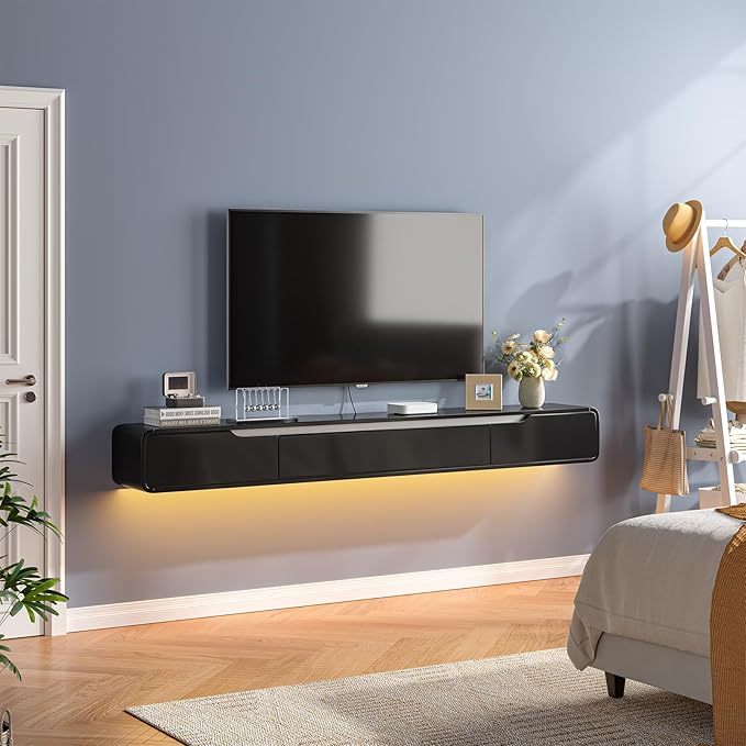 Fully-Assembled Floating TV Stand with Drawers, 70IN High Gloss Wall Mounted Entertainment Center, Modern Media Console with Storage, Under TV Shelf for Bedroom Living Room Black