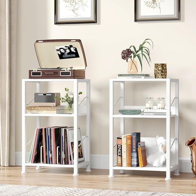 Hosfais 3 Tier Record Player Stand, Retro Vinyl Record Storage End Table Records Shelf for Living Room Bedroom (White)