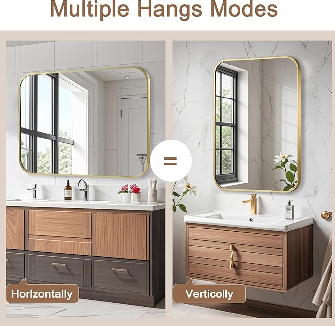 Brushed Gold Mirror, 30"x36" Rectangle Bathroom Mirror, Metal Frame Rectangle Corner Vanity Mirror, Wall Mounted Mirror for Modern, Living Room, Bedroom, Horizontal Or Vertical