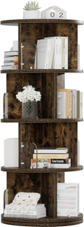 VECELO 4 Tier Revolving Bookshelf Tower, 360° Display Floor Standing Storage Rack with Acrylic Visible Window Partition for Bedroom, Living Room Home and Office, Brown