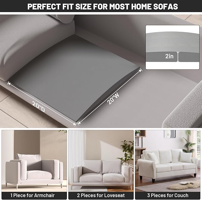 Couch Cushion Support for Sagging Seat - 20" x 20" High-Density Curved Foam Sofa Cushion Support Board, Couch Supporter for Under The Cushions, Grey Set of 3