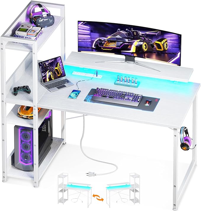 ODK Reversible Gaming Desk with USB Charging Port and LED Lights, 40 Inch Computer Desk with Storage Shelves & Monitor Stand, Writing Study Table for Home Office, Small Space Bedroom, White