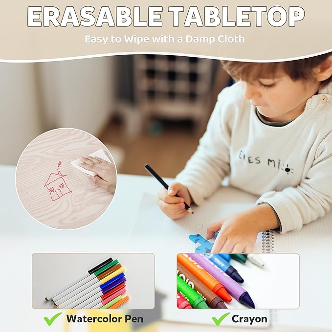 Adjustable Kids Table & Chairs Set for Ages 3-8 | 31.5"x23.6" Easy-Clean Activity Table | Meets ASTM/CPSC Standards for Daycare, Homeschool & Playroom (Natural-Wood, 2 Chairs)