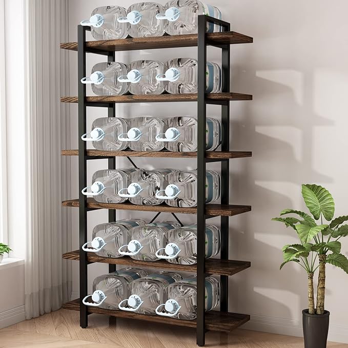 Solid Wood Bookcase and Book Shelves Wood and Metal Shelving Unit 6 Tier Bookshelf Modern Rustic Open Bookshelf Office,Distressed Brown (AY-02-6Tier)