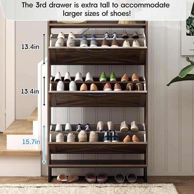 Maupvit Shoe Storage Cabinet with 3 Flip Drawers, Freestanding Organizer with Metal Legs for Entryway, Narrow Shoe Rack Cabinet, Dark Walnut